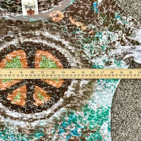 Crowns & Heart Peace Sign Bling Glitter Beaded Festival Long Sleeve Tie Dye LG - Picture 8 of 8